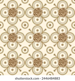 Victorian jewelry seamless pattern with golden chains, beads, red roses. Flower motif in classic grid composition. Detailed illustration in luxury vintage style on white background.