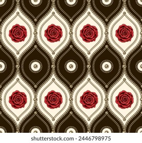 Victorian jewelry seamless pattern with golden chains, beads, red rose flower. Flower motif in damask classic grid. Detailed high contrast illustration in luxury vintage style.