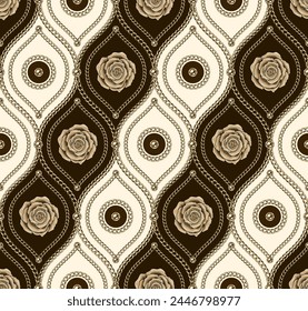 Victorian jewelry seamless pattern with golden chains, beads, beige rose flower. Flower motif in damask classic grid. Diagonal composition. Detailed high contrast illustration in luxury vintage style.