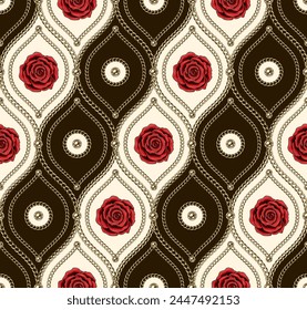 Victorian jewelry seamless pattern with golden chains, beads, red rose flower. Flower motif in damask classic grid. Diagonal composition. Detailed high contrast illustration in luxury vintage style.