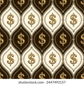 Victorian jewelry seamless pattern with golden chains, beads, dollar sign. Damask classic grid. Detailed high contrast illustration in luxury vintage style.