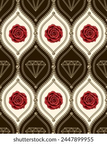 Victorian jewelry seamless pattern with golden chains, beads, red rose flower, diamond icon. Flower motif in damask classic grid. Detailed high contrast illustration in luxury vintage style.