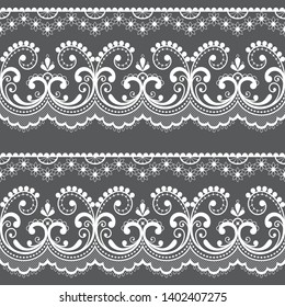 Victorian lace seamless design, old fashioned repetitive design with flowers and swirls in white on gray background. Detailed laces frame, retro textile decoration with graphics