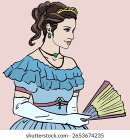 Victorian lady with fan in cartoon style. Vector, isolated.