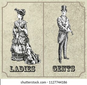 Victorian lady and gentleman. Toilet Sign. Vintage Victorian Era Engraving style retro vector lineart Hand drawn sketch illustration