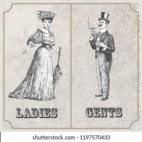 Victorian lady and gentleman. Toilet Sign. Symbolical image of the man and woman. Vintage Victorian Era engraving style retro vector lineart Hand drawn sketch illustration