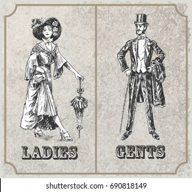 Victorian lady and gentleman. Toilet Sign, vector format. Vintage Victorian Era Engraving style retro vector lineart Hand drawn sketch illustration, Linear graphic art