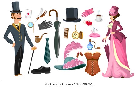 Victorian lady and gentlemen fashion collection in cartoon style. Vintage clothing set corset,shoes, hat, perfume, umbrella, sewing kit, razor etc. Vintage men's women's fashion accessories. 