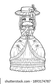 Victorian lady line art. curly hair princess wear luxury dress and hat close her mouth with folding fan. mystery villain girl. anime girl lolita fashion.