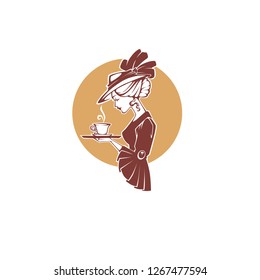 victorian lady portrait, holding with cup of tea, coffee or chocolate.  Logo for restaurant, cafe or tea company