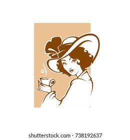 victorian lady portrait, holding with cup of tea, coffee or chocolate.  Logo for restaurant, cafe or tea company