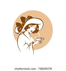victorian lady portrait, holding a cup of tee, coffee or chocolate, with cup of tea, logo for restaurant, cafe or tea company