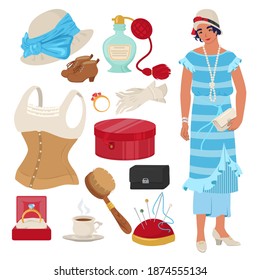 Victorian lady set, flat vector isolated illustration. English lady clothing and accessories. Corset, shoes, hat, perfume bottle, gloves, sewing kit, ring and box.