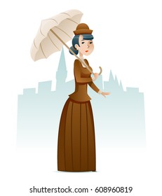 Victorian Lady Wealthy Businesswoman Cartoon Character Icon on Stylish English City Background Retro Vintage Great Britain Design Vector Illustration