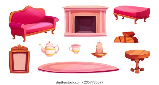 Victorian living room interior design elements set isolated on white background. Vector cartoon illustration of pink couch and footstool, wooden table, fireplace, elegant porcelain cup and teapot