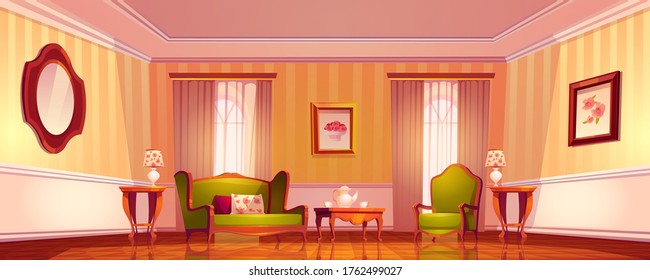 Victorian living room, old royal baroque empty interior in classical empire style, Comfortable luxury lounge apartments with retro furniture and floor-to-ceiling windows, Cartoon vector illustration