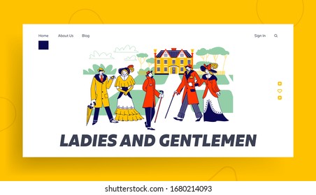 Victorian Male Female Characters in Beautiful Dresses Landing Page Template. Vintage Gentlemen and Ladies Walk on Antique Palace Landscape with Fields, Retro Fashion. Linear People Vector Illustration