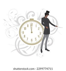 Victorian man with alarm clock and floral wreath in behind