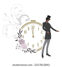 Victorian man with alarm clock and floral wreath in behind