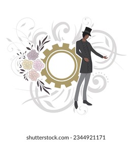 Victorian man with gear, clock  and floral wreath in behind