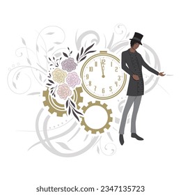 Victorian man with gear, clock  and floral wreath in behind