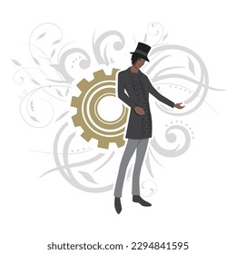 Victorian man with gear and floral wreath in behind