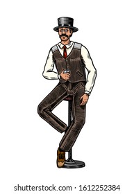 Victorian man. Vintage Whiskey. Strong Alcohol drink. Hand drawn engraved monochrome sketch for retro poster, badge. American symbol.