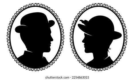Victorian man and woman portraits in vintage style frames, black silhouette vector illustration.