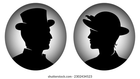 Victorian man and woman portraits in vintage style frames, black silhouette vector illustration.
