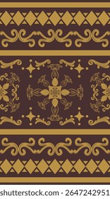 Victorian Medieval Baroque Golden Brown Scroll Ornament Florals Seamless Border Pattern. Elegance Fleur de lis Damask Neatly Arranged Luxury Style for Embroidery Silk Weaves Carpet Curtain Lace Scarf