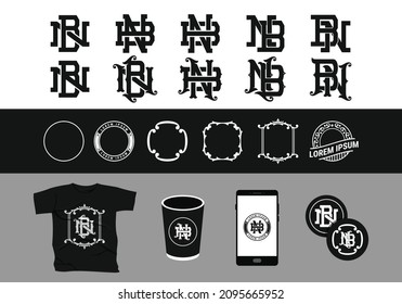 Victorian Monogram NB BN Logo And Frame Completed With T-Shirt, Cup, Smartphone, And Sticker Mockup