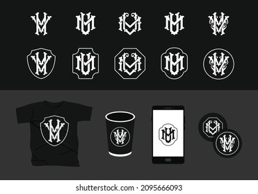 Victorian Monogram VM MV Logo Completed With T-Shirt, Cup, Smartphone, And Sticker Mockup