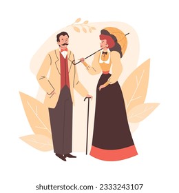 Victorian nineteenth century couple in elegant vintage costumes, flat vector illustration isolated on white background. Historic Victorian people characters.