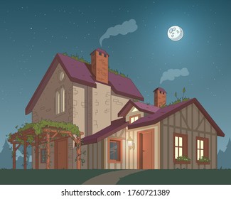 Victorian old house. Summer night exterior. Full moon and starry sky.  Vector illustration. Farmhouse in South of France. Colorful vintage Victorian apartments. Vector illustration. 