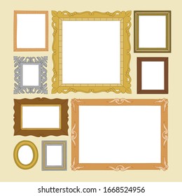 Victorian old wood frames. Decorative vintage style rococo gold frame set isolated on white background