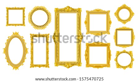 Victorian old wood frames. Decorative vintage style rococo gold frame set isolated on white background, vector decoration retro images or photos luxury interior antique borders
