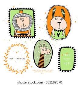 Victorian ornaments photo frames with cute animals in vector