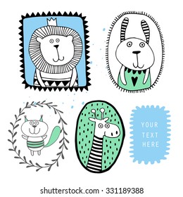 Victorian ornaments photo frames with cute animals in vector