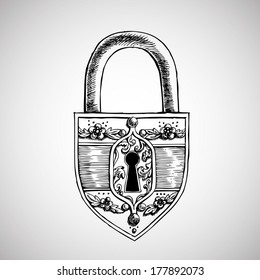 Victorian Ornate Lock. Hand Drawn Vector Illustration.