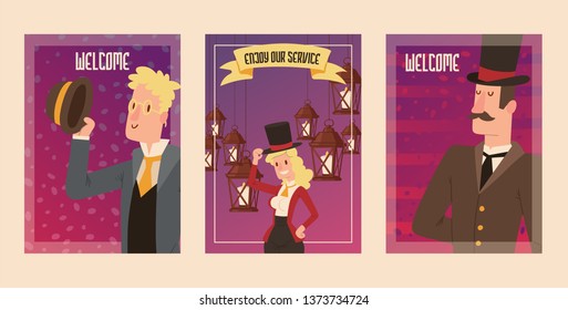 Victorian people vector gentleman in hat and woman character in vintage fashion dress