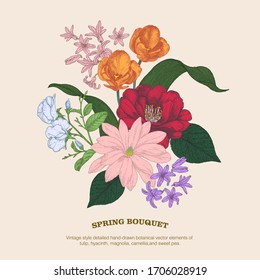 Victorian retro encyclopedia-style hand-drawn botanical vector elements of tulip, hyacinth, camellia, sweet pea, and foliages.