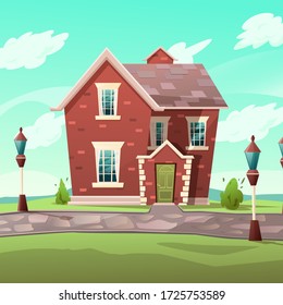 Victorian Retro Style Building. Cartoon Illustration Of A Red Brick Apartment House On Nature Landscape. Vector.