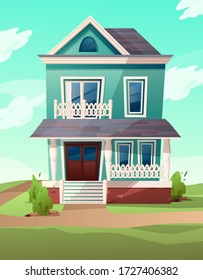 Victorian Retro Style Building. Cartoon Illustration Of A Green Apartment House On Nature Landscape. Vector.