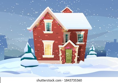 Victorian retro style building with fir tree at yard, light from windows, lanterns for xmas. Christmas celebration decor. Cartoon vector illustration.