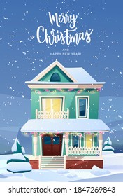 Victorian retro style building with fir tree at yard, light from windows, lanterns for xmas. Merry Christmas hand lettering. Cartoon vector illustration.