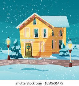 Victorian retro style building with fir tree at yard, light from windows, lanterns for xmas. Christmas celebration decor. Cartoon vector illustration.