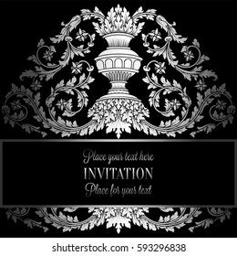 Victorian rich background with antique, luxury black and silver vintage frame, ornamental banner, royal gold vase with floral lacy swirls, invitation card in baroque style,booklet with fashion pattern