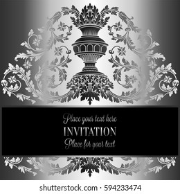 Victorian rich background with antique, luxury gray and silver vintage frame, ornamental banner