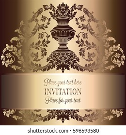 Victorian rich background with antique, luxury beige and gold vintage frame, ornamental banner, royal gold vase with floral lacy swirls, invitation card in baroque style, booklet with fashion pattern.