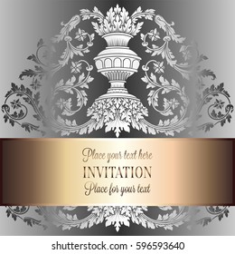 Victorian rich background with antique, luxury gray and silver vintage frame, ornamental banner, royal gold vase with floral lacy swirls, invitation card in baroque style,booklet with fashion pattern.